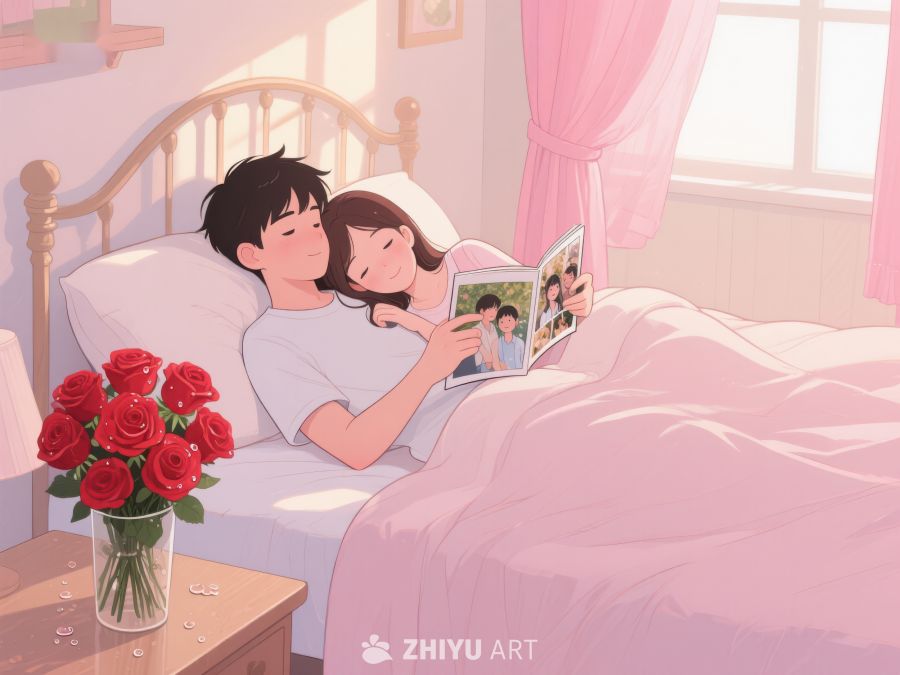 情侣床上共赏照片温馨时刻 518