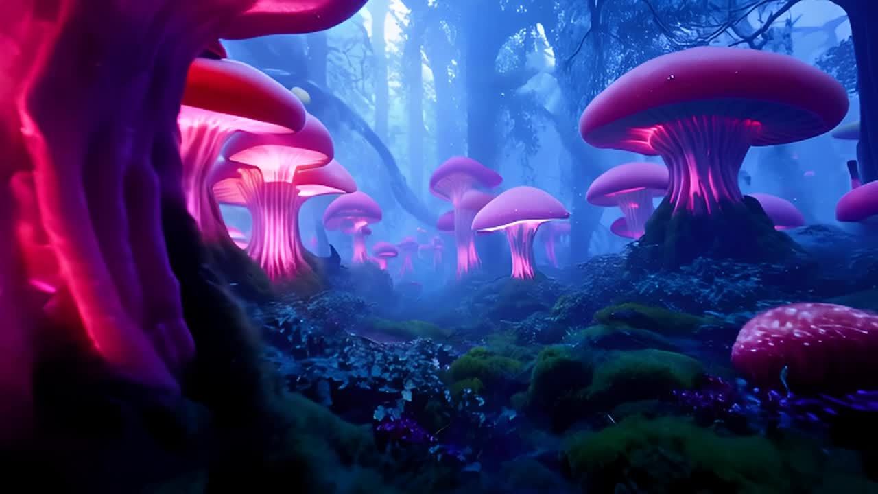 一片奇幻森林，由巨大的蘑菇组成。蘑菇呈现出荧光色，