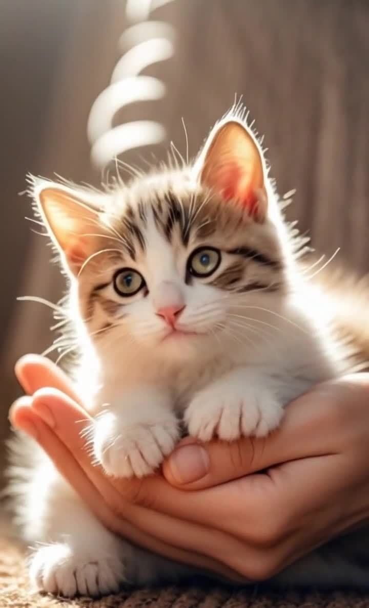 被托在手掌中的可爱小猫，毛色棕白相间。