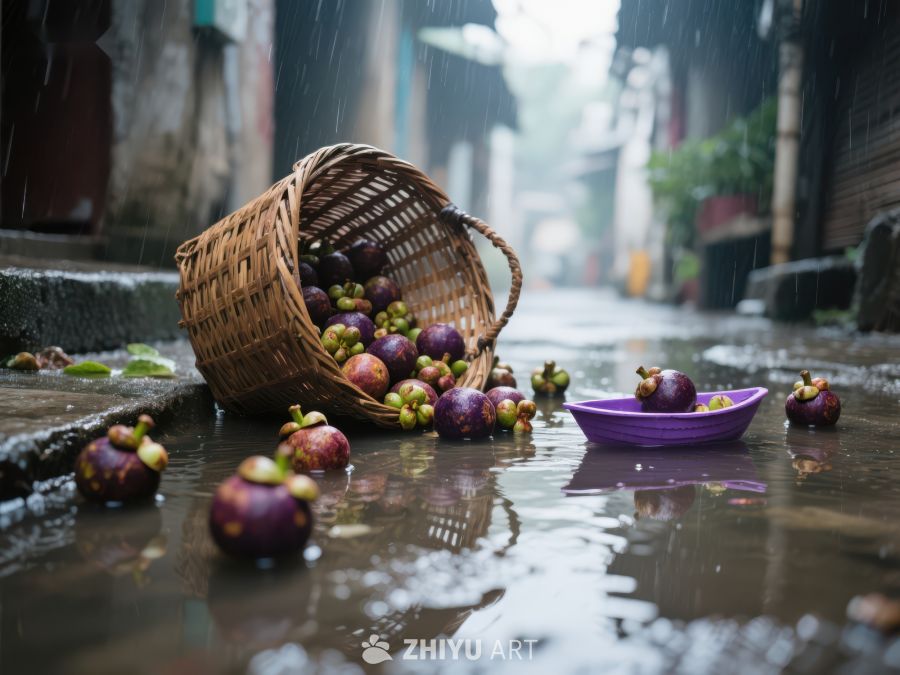 雨中散落的水果与竹篮 763