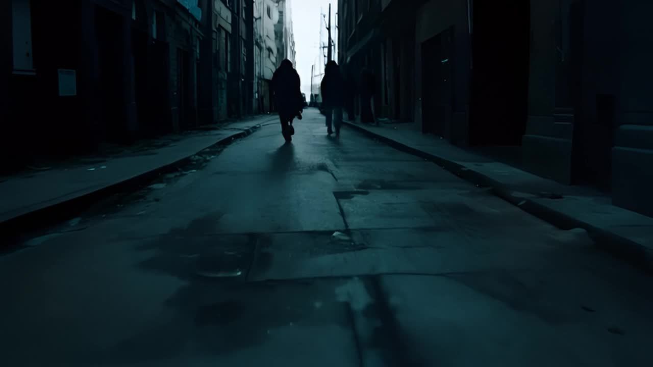 低角度拍摄，有几个人影在空旷的街道上行走，他们的身