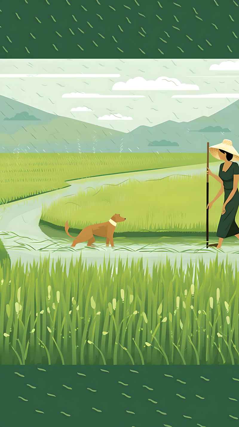 女人站在稻田与狗绿色插画 11