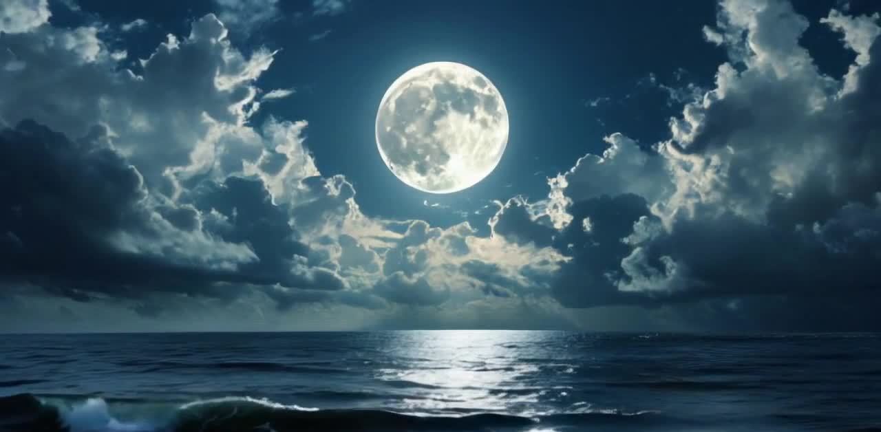 月夜海面波光粼粼云层环绕皎洁月亮