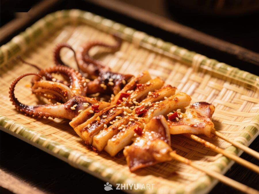 烤鱿鱼串，撒上芝麻和辣椒 304