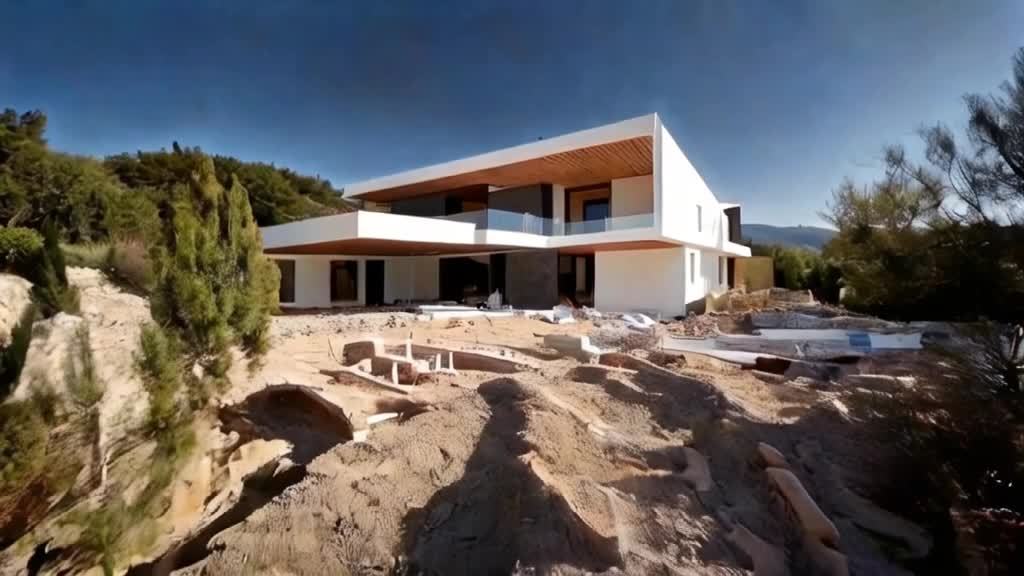 一栋白色现代简约风格的房屋正在建设中，房屋位于一个