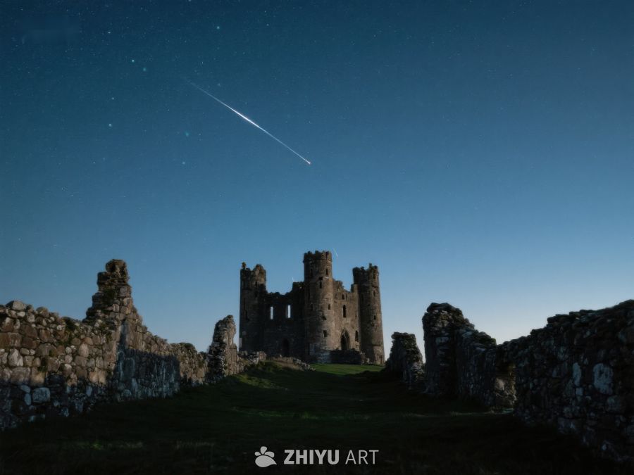夜空流星划过古老城堡遗迹 264