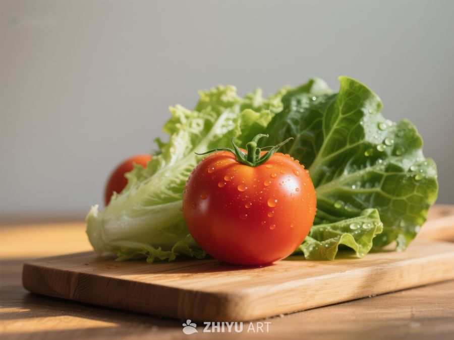 新鲜番茄与生菜置于木板上 465