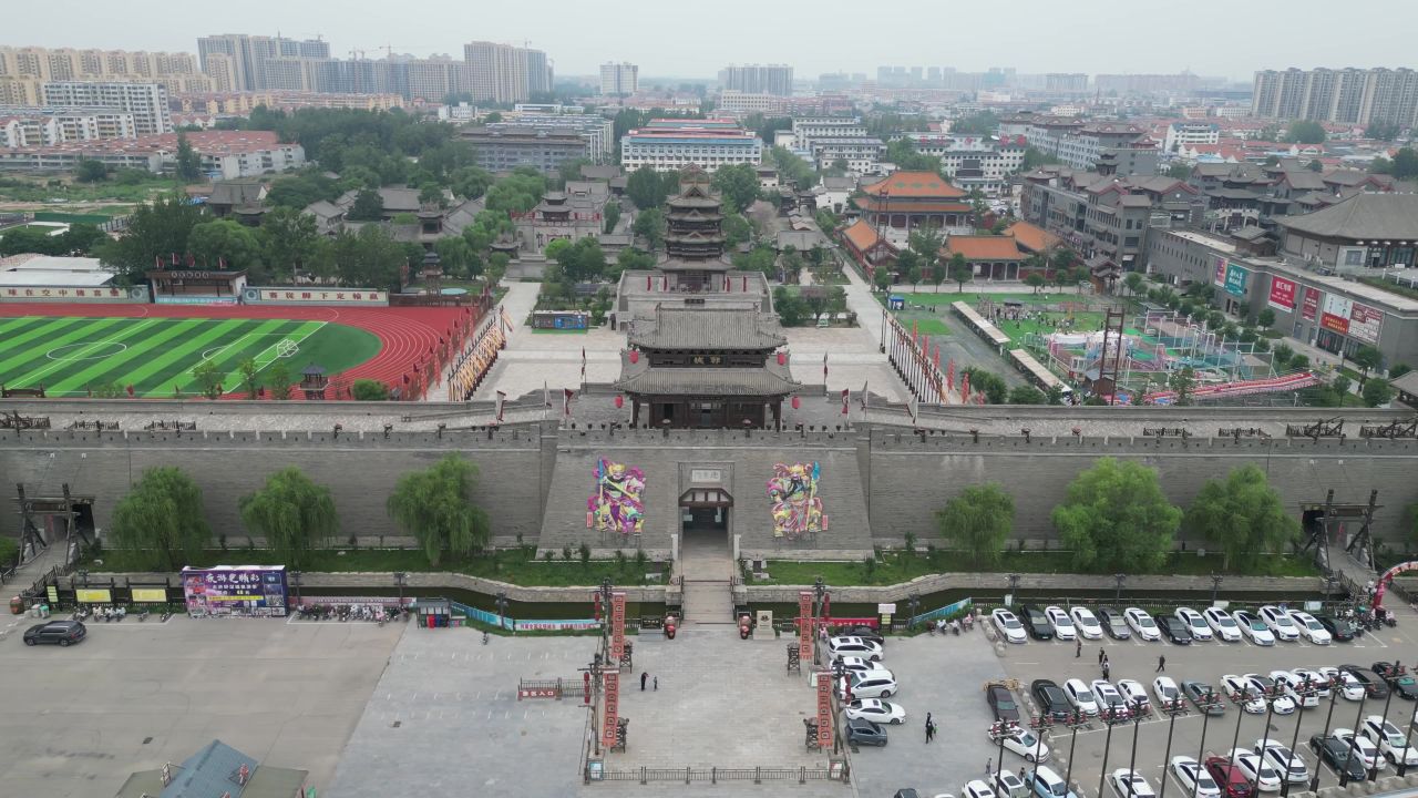 航拍山东菏泽水浒好汉城4a景区