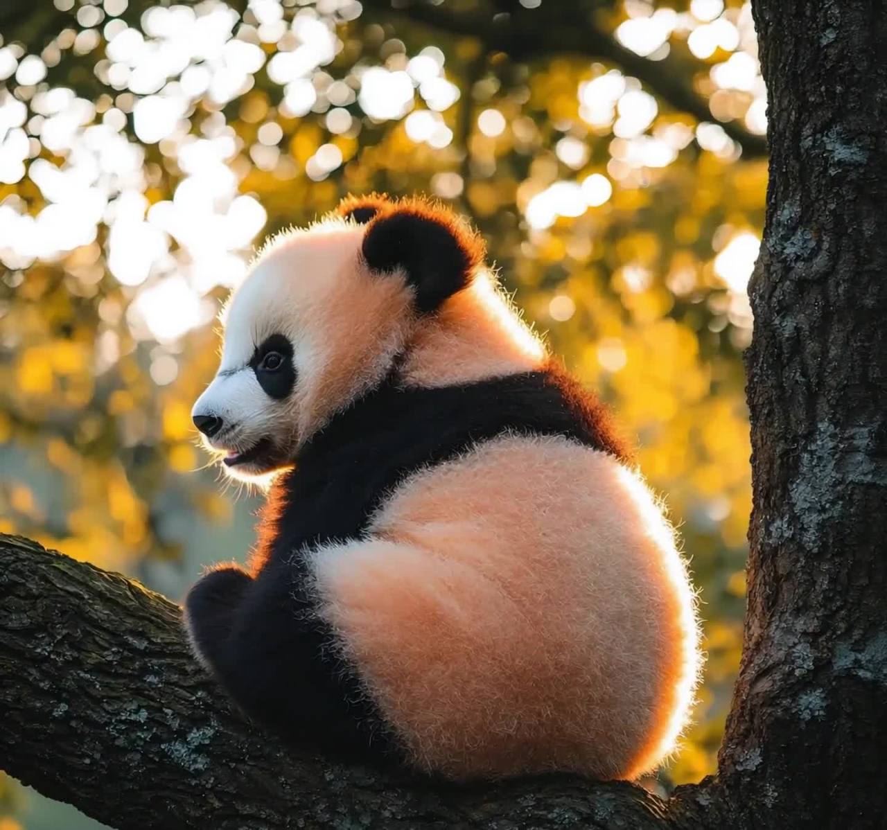一只熊猫坐在树枝上，身体朝向侧面，它的毛发呈现出黑