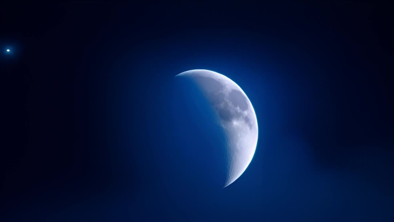 深蓝色的夜空中，一轮弯月清晰可见。月亮表面坑洼不平