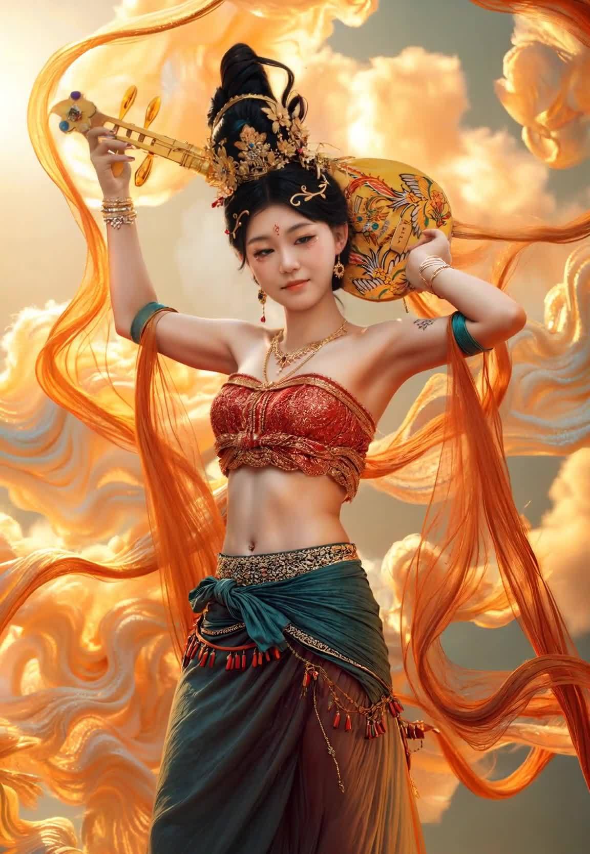 云端丝带乐舞：华服女子奏乐迎风起舞