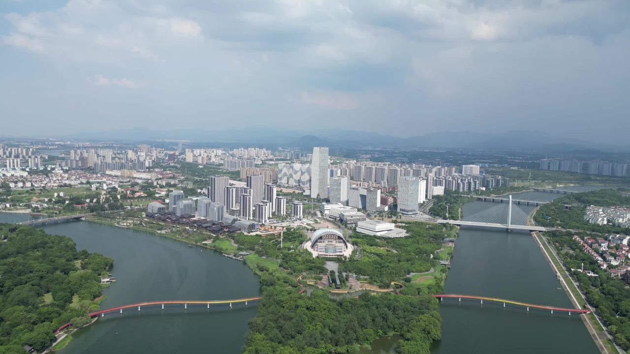  航拍金华江北金华燕尾洲公园万达广场