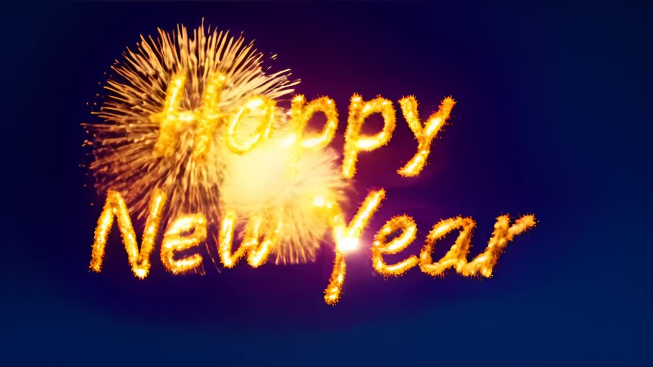 深蓝色背景上，用火焰效果呈现出Happy New 