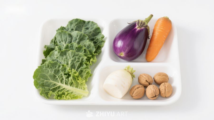 健康食材组合：羽衣甘蓝、茄子、胡萝卜等