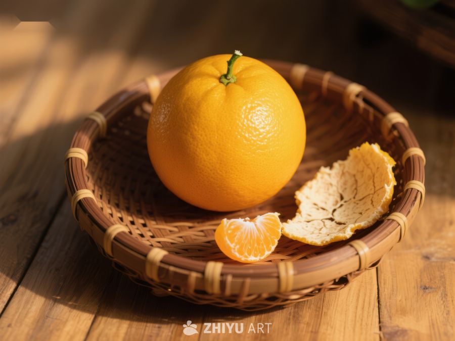 橙子置于竹篮，阳光洒落 74