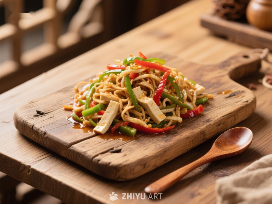 木质砧板上的炒面与蔬菜 1058