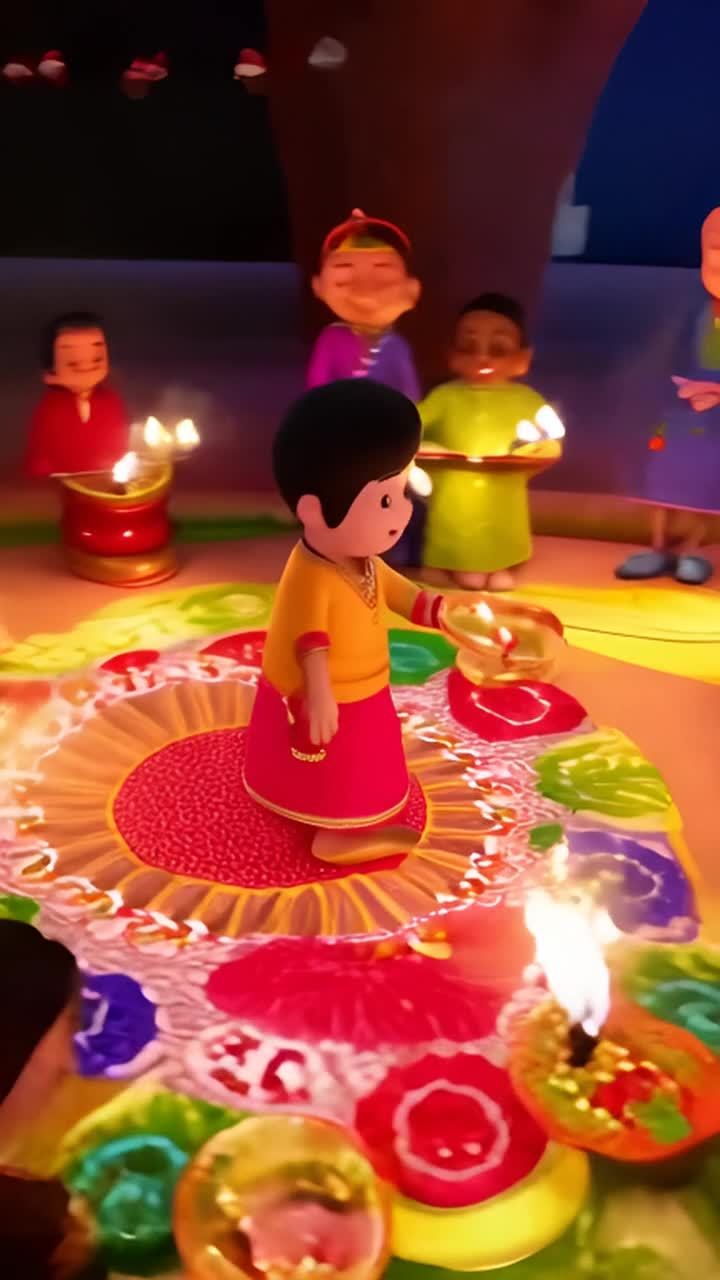五个卡通人物站在一个带有彩色图案的地面上，他们都穿