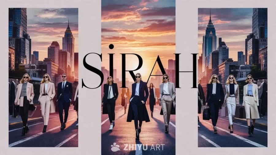 日落时分的城市景观作为背景，品牌名称“Sirah”