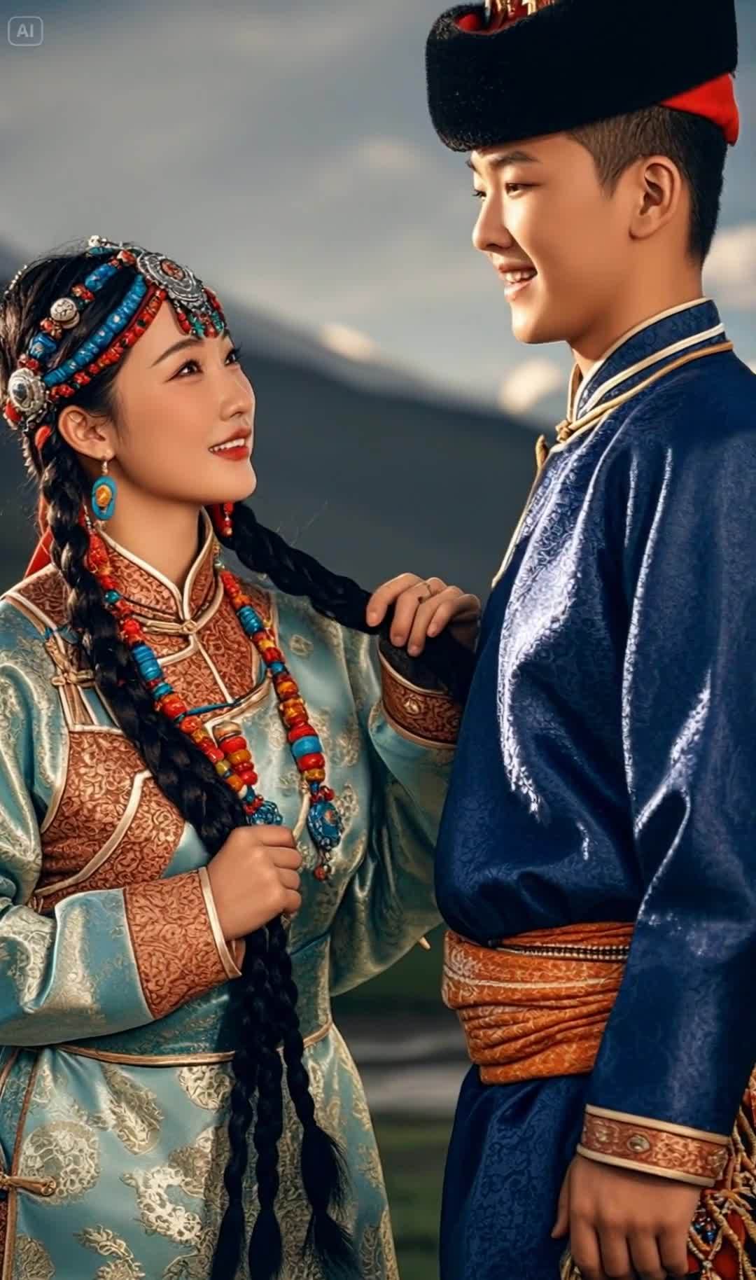 草原情侣对视，身着传统服饰，笑容甜蜜。