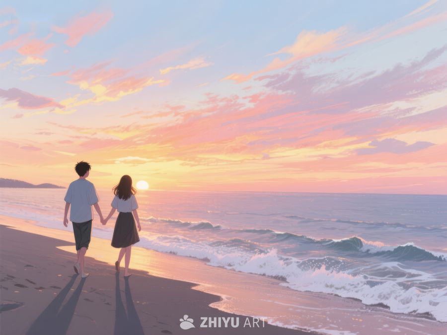 情侣牵手漫步海滩夕阳 559