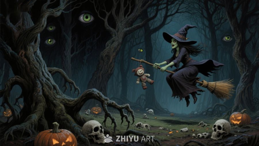 巫师夜行森林，手持扫帚与玩偶