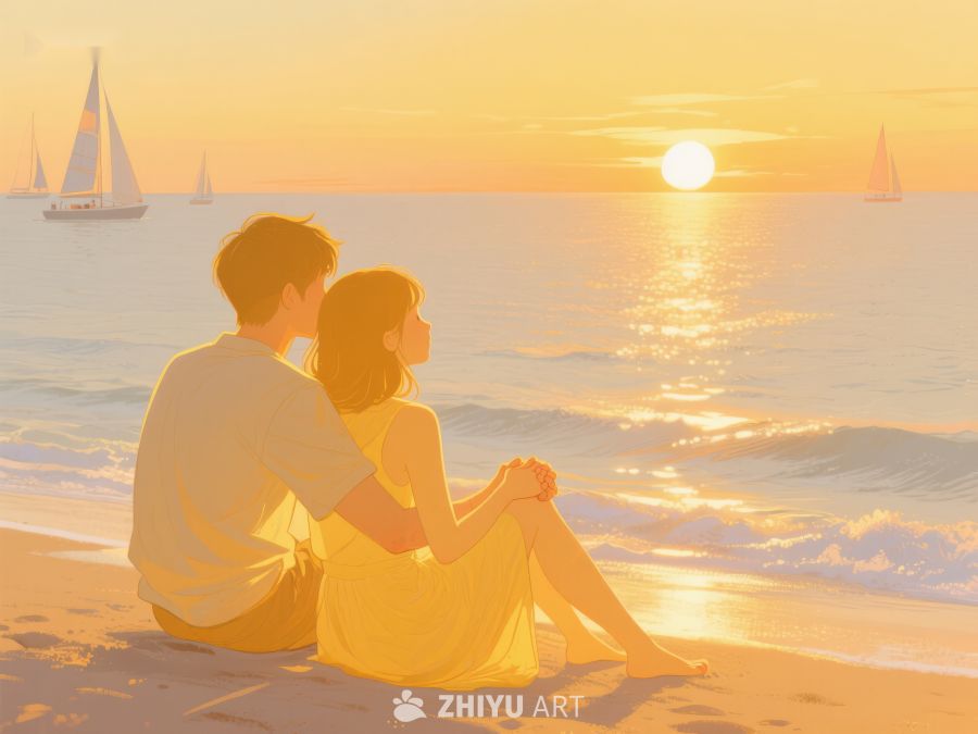 海滩日落情侣相依 268