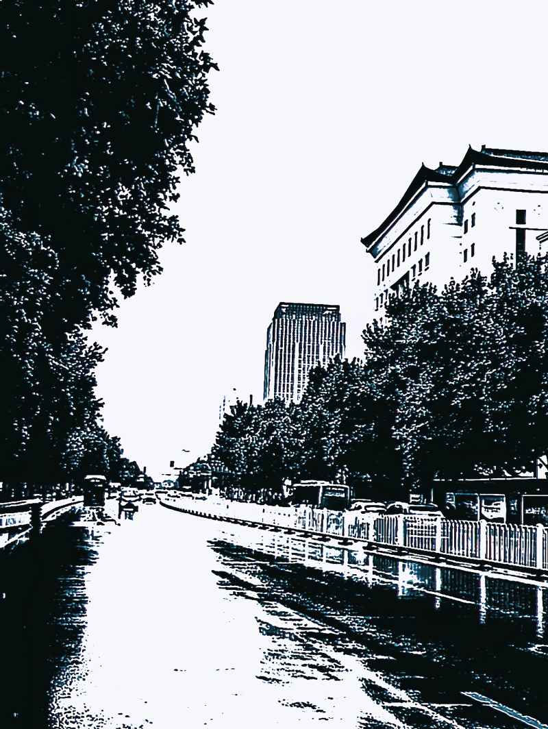 "雨中都市的黑白光影"