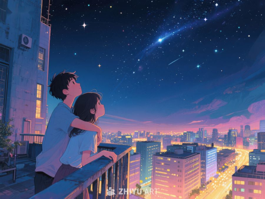 夜空下的情侣眺望城市 987