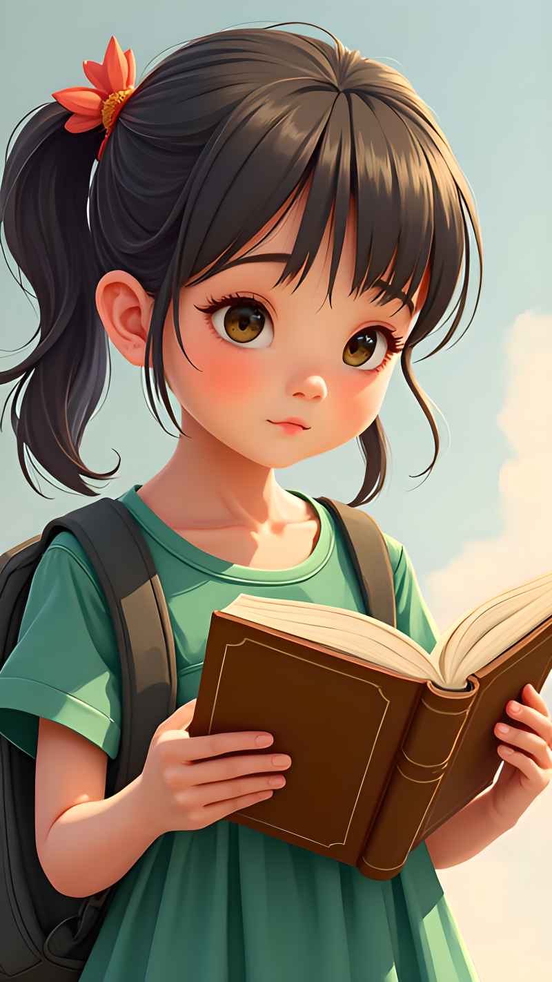 一个女孩正在读书看书卡通女孩 2