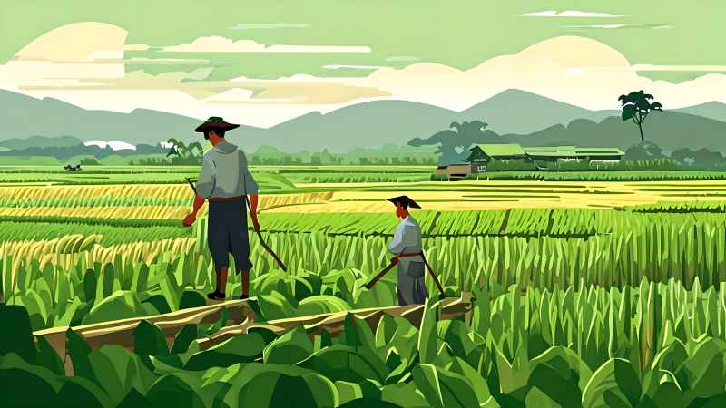 稻田和农作物中的农民绿色范例风格插画 19