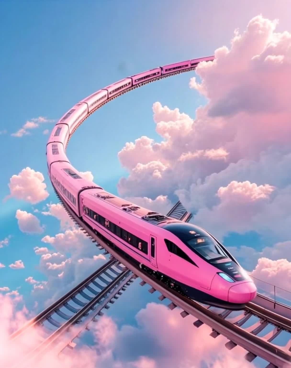 粉色高铁穿云行驶，梦幻天空下的未来出行
