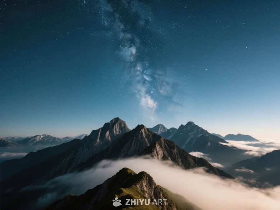 夜空银河下的山峰云海 374