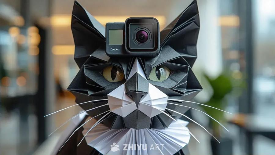 一个黑白色的纸质猫，体型较大，脖子前方固定着一个G