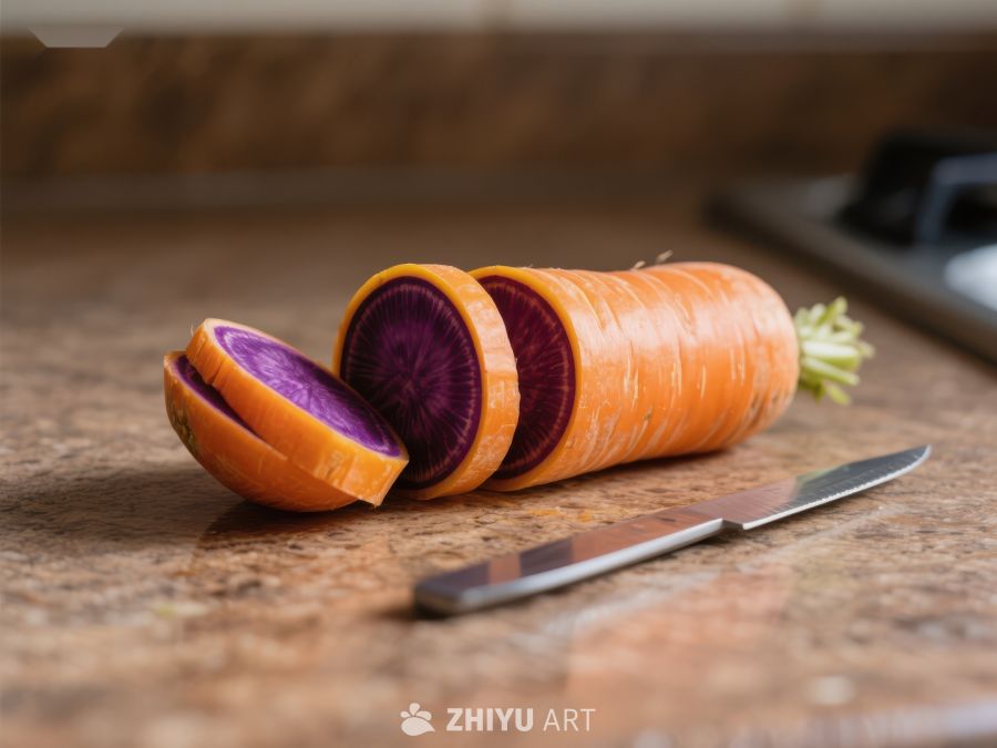 切开的紫色胡萝卜与刀具 293