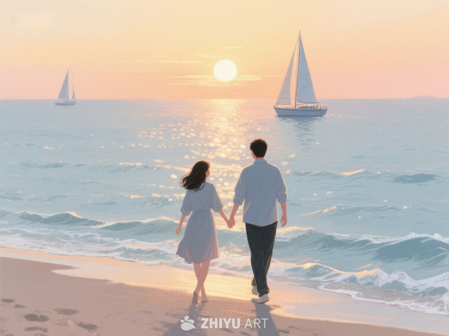 海边日落，情侣牵手漫步 241