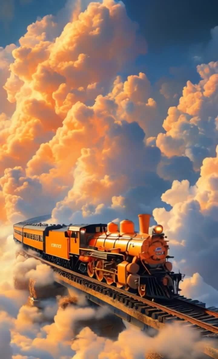 云中行驶的橙色火车，穿梭于绚丽天空。