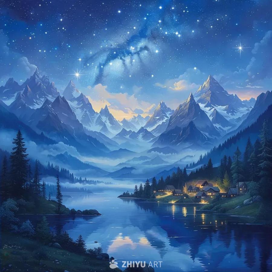 笼罩在雾气中的蓝色景观，连绵的山脉，山峰被神秘的面