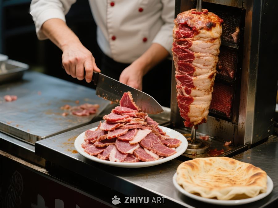 厨师切割旋转烤肉，准备美食 116