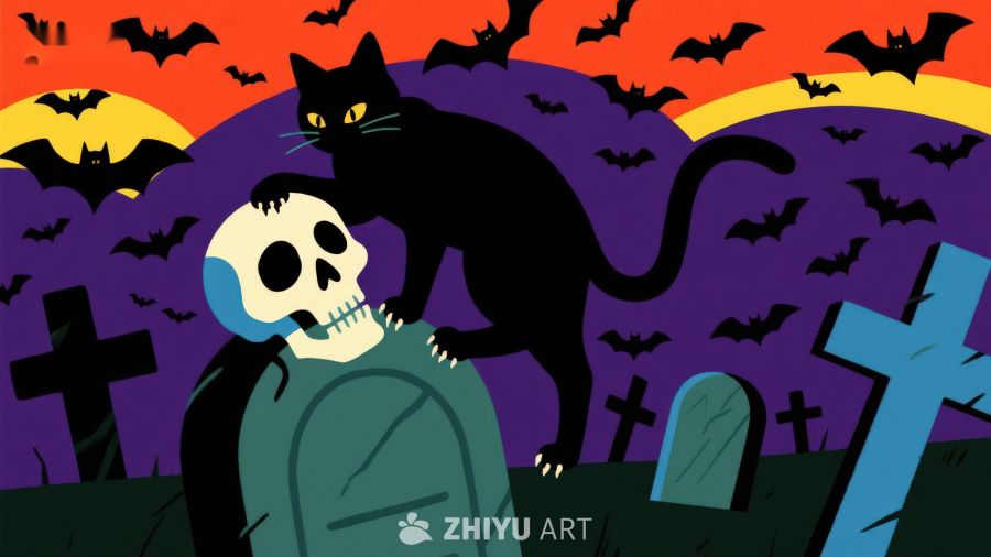 墓地黑猫与骷髅的夜景
