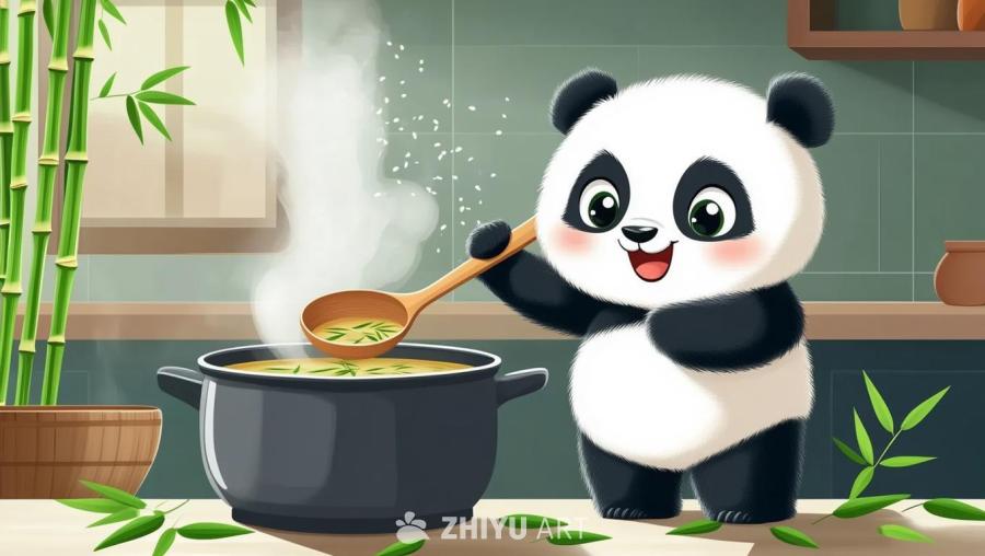 一只卡通风格的蓬松熊猫站在一个锅旁边，用汤勺搅拌竹