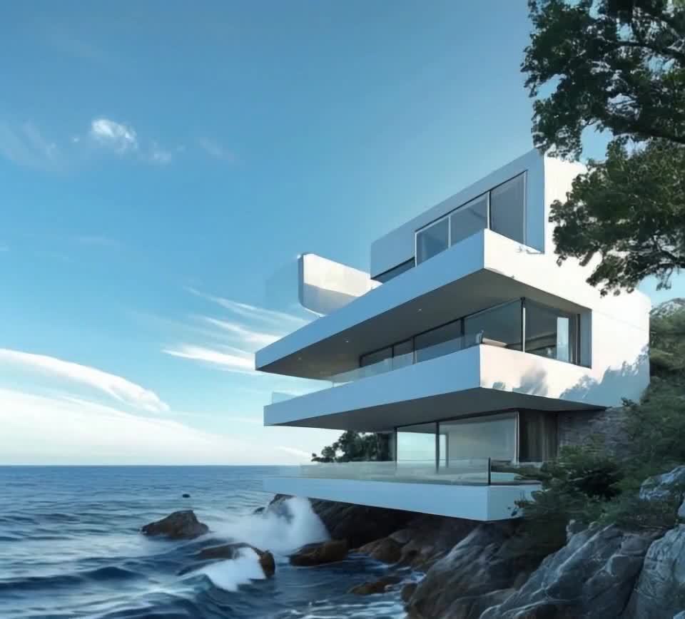 一栋白色建筑矗立在海边的岩石上，建筑有三层，每层都