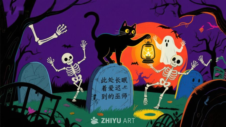 万圣节墓地场景：骷髅、幽灵与黑猫