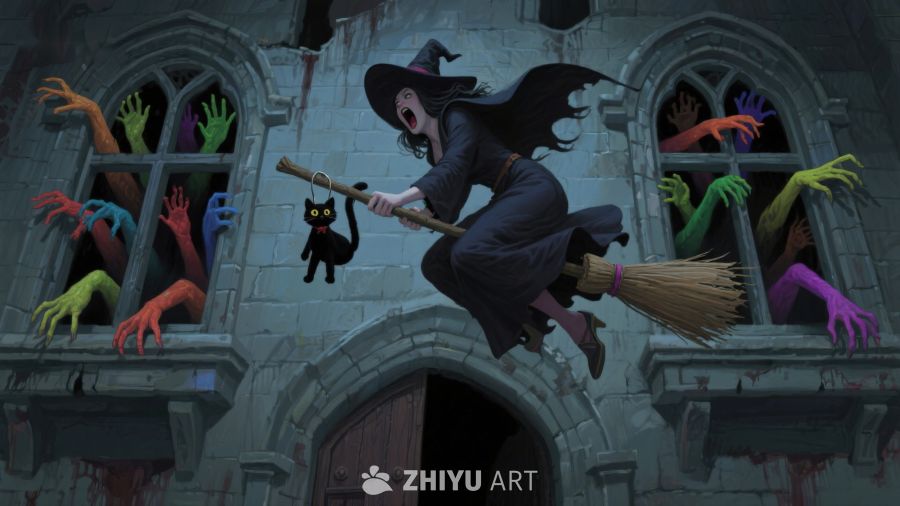 女巫骑扫帚飞过鬼屋，窗外手臂伸展