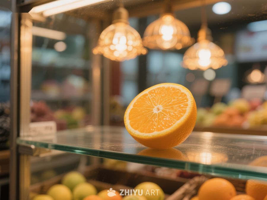 橙子半切置于水果店展示柜 129