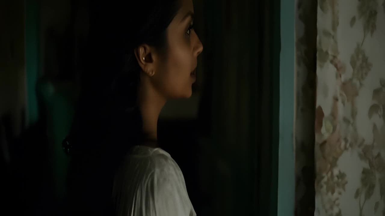 一位年轻女子站在昏暗的楼道里。她有着长长的黑发，编