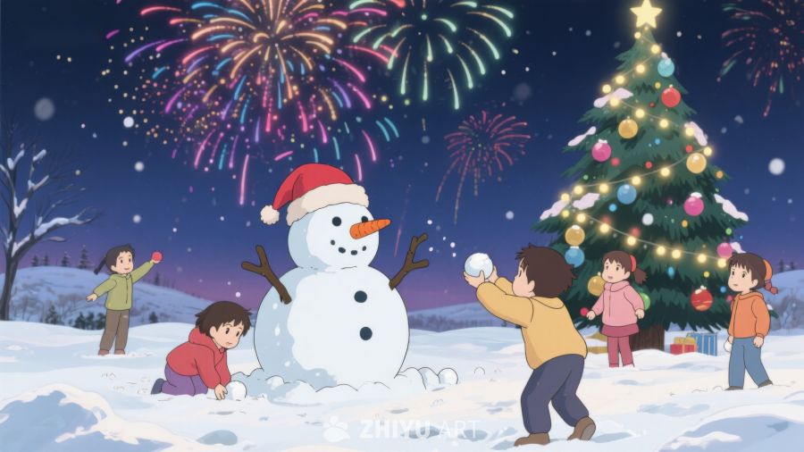 冬夜雪地堆雪人，烟花与圣诞树共庆 95