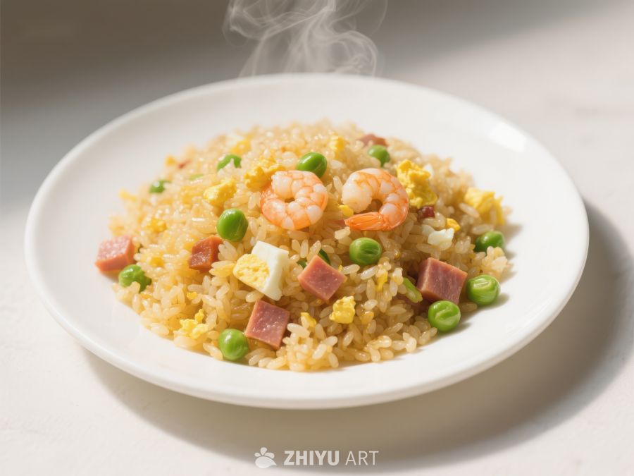 热腾腾的炒饭，虾仁豌豆点缀 960
