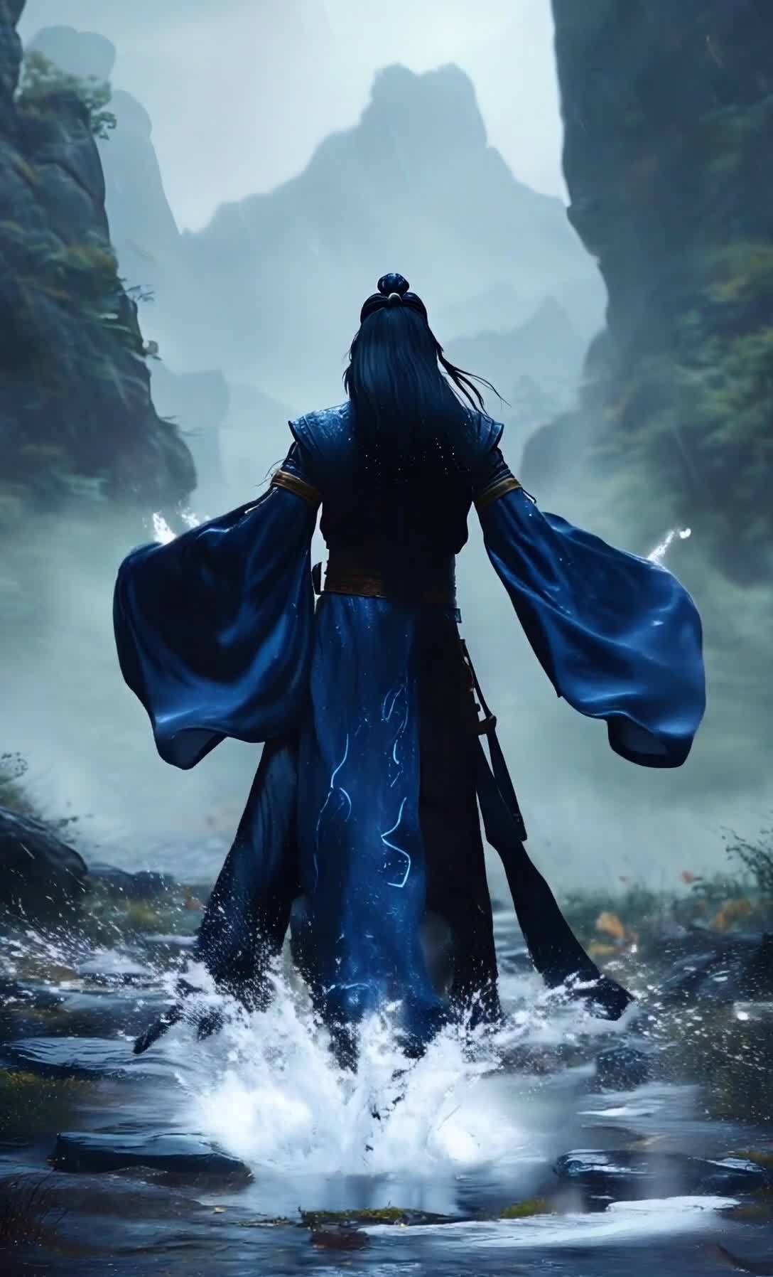 人物向前行走在雨中，镜头跟随人物移动。人物身着蓝色