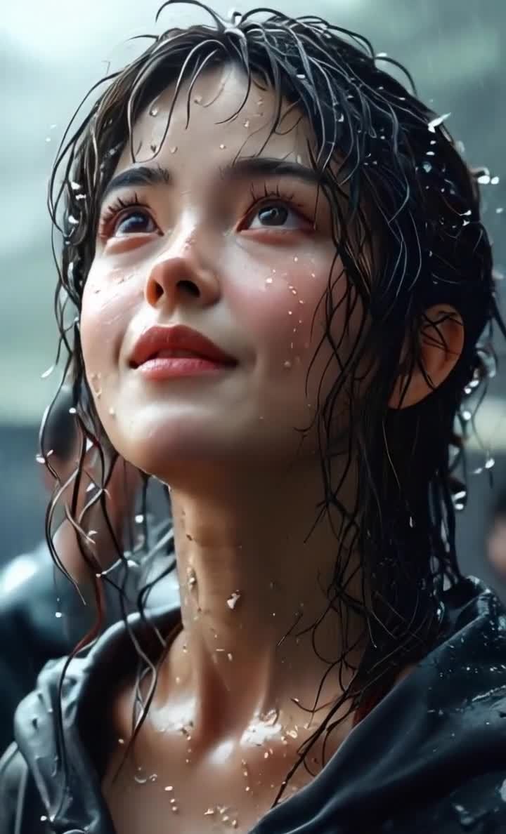 雨水打在一位年轻女性的脸上，她穿着一件深色的外套。
