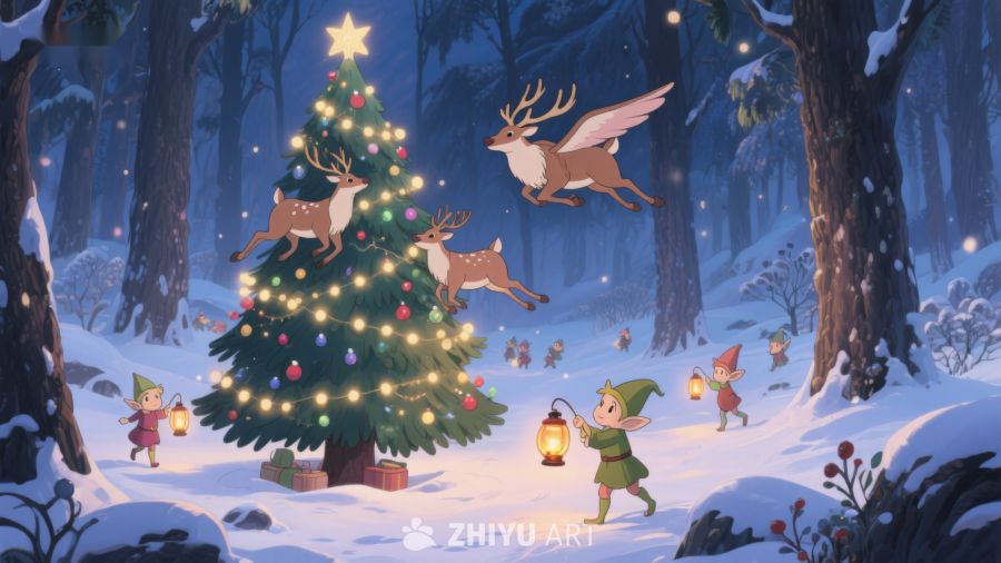 雪林中的圣诞树与精灵 345